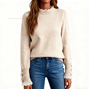 Pull en tricot à col rond et manches longues pour femme, avec bordure en dentelle patchwork, boutonné, tendance automne/hiver - Product Image 6
