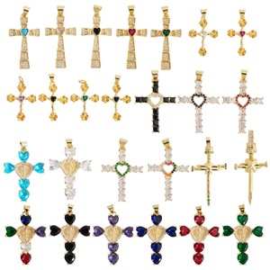 Sterling Copper Cross Pendant With Colored Zircon Micro Pave Inlay Geometric Themed Unisex Everyday Wear Necklace Charm - Product Image 1