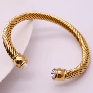 Mothers Day 316L Stainless Steel Wrist Jewelry White Zircon Golden Cable Cuff Bracelet