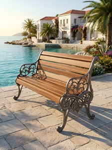 Mediterranean Style Wood Patio Bench With Cast Iron Frame Antique Outdoor Furniture For 2 Seater Garden Decor - Product Image 3