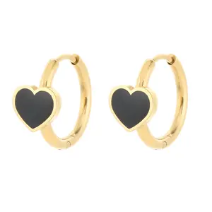 Kalen Trendy Gold Color Stainless Steel Hoop Earrings Black Color Love Heart Ear Jewelry