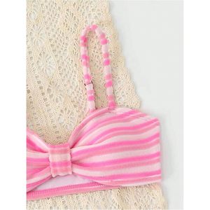 FOXA Girls 2 Piece Striped <b>Bikini</b> <b>Set</b> Knot Front Spaghetti Strap Bandeau Top High Waisted Panties Beachwear - Product Image 3