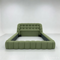 Cadre de lit en bois de pin pleine grandeur, moderne, italien, écologique, durable, avec revêtement en tissu capitonné à bulles, base enveloppante luxueuse et douce