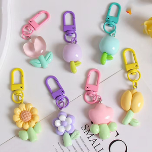 Cute Cartoon PVC Resin Tulip Metal Keychain Pendant Sunflower Bag Pendant Various Colored Flowers Plastic Headphone Bag