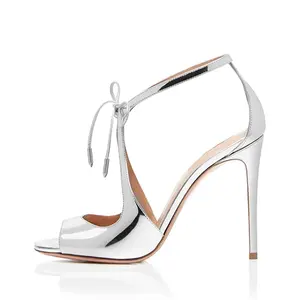 Woman Sexy Peep Toe Sandals Party Wedding Dress High Heels Ladies Ankle Strap Shoes Silver Patent Leather Fashion Hotsale