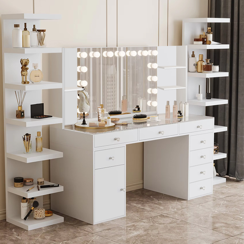 white christmas dresses 5 Drawers Minimalist Dressing Table with Circle Backlit Mirror and Stool main image 1