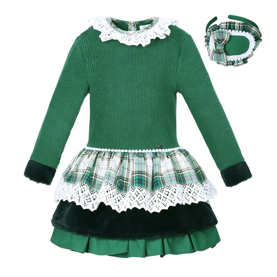 OEM Pettigirl Green Fancy Dress Hollow-out Lace Round Collar Knit Girl Child Sweater Dress