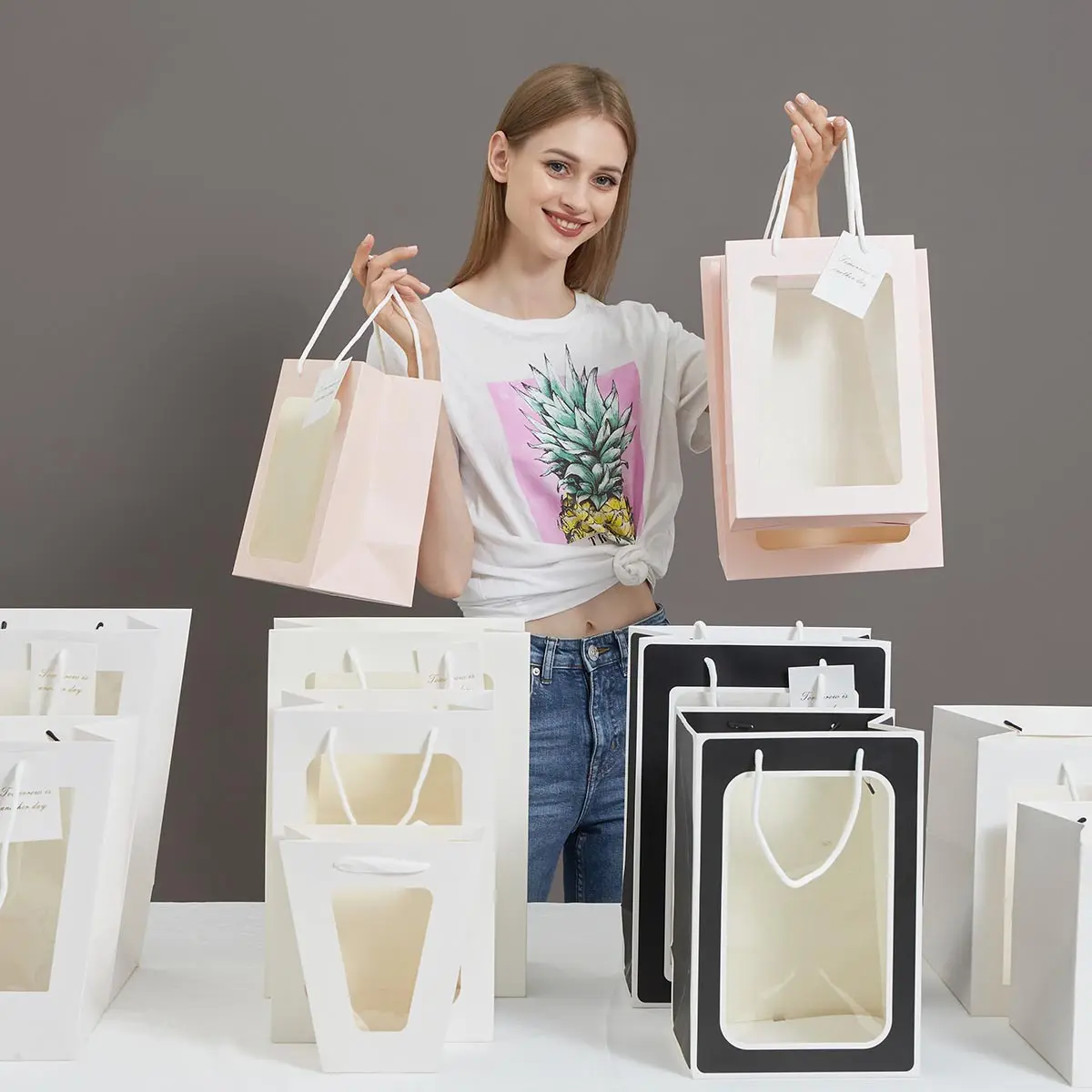 Portable Bouquet Packaging Waterproof Flower Gift Window Bag Kraft Paper Bag With Clear Window