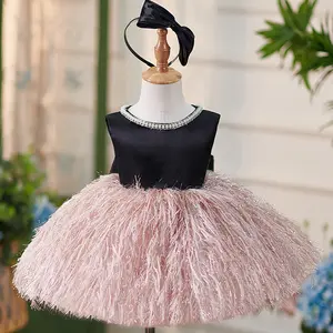 Festa di primo compleanno per bambini nero senza maniche con scollatura rosa gonna di piume vestiti da bambina vestiti da principessa per bambini