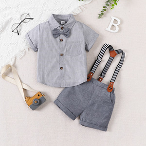Conjunto de Ropa Formal de Verano para Bebés, Camisa a Rayas con Corbata de Moño y Pantalones Cortos con Tirantes para Niños Pequeños - Product Image 3