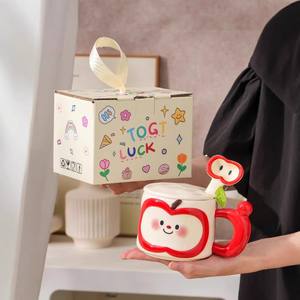 Cute Apple <b>Ceramic</b> <b>Mug</b> With <b>Lid</b> And Spoon Cartoon Design For Gift Spring 2025 - Product Image 2