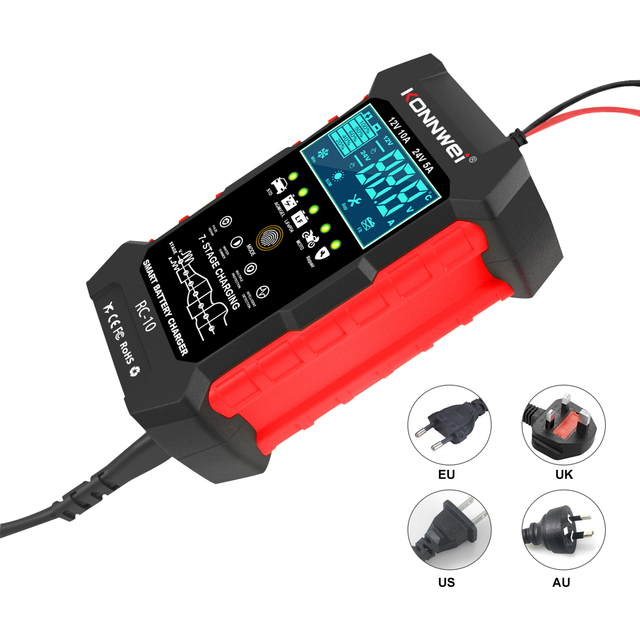 All-in-One KONNWEI RC10 Battery Charger Maintainer Desulfator for Seasonal Vehicle Storage & Battery Recovery