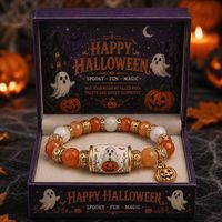 Bracelet à breloques perlé en jade style dessin animé d'Halloween, avec motifs citrouille, chauve-souris et chat, cadeau de bijoux unisexe