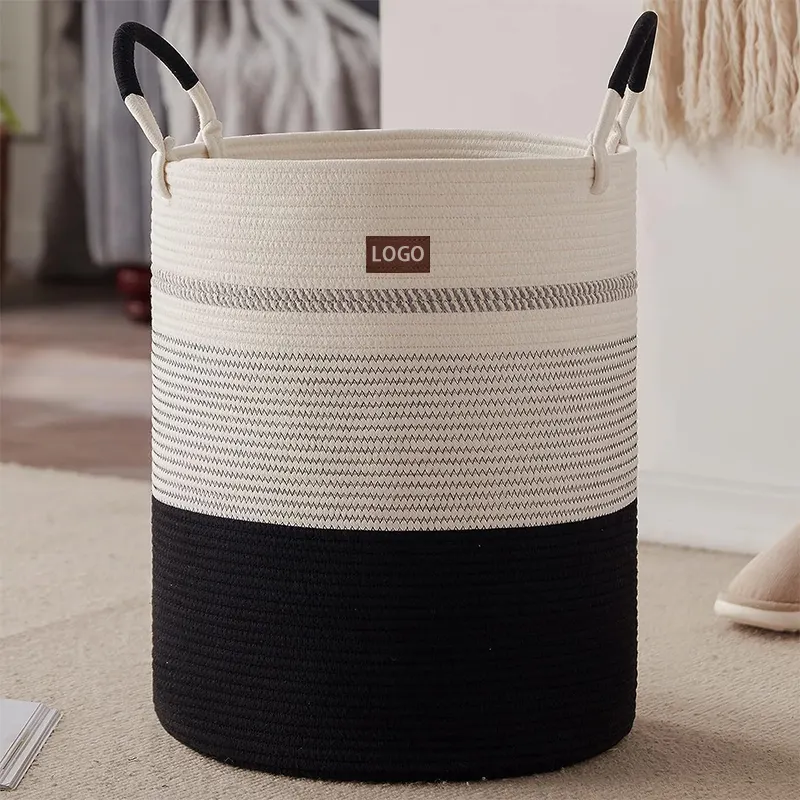 Newly Designed Rope Laundry Round Storage Basket Large Open Oversize Blanket Cotton Rope Basket For Blanket Insert Handle