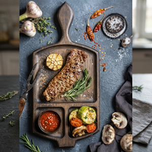 Bandeja de Servir de Madera Ecológica con Asa y Compartimentos, Tamaño Personalizado para Presentación de Carne, Verduras y Salsas - Product Image 1
