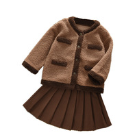 Tweed Fleece Patchwork Zweiteiler Herbst Winter Mädchen Kinder Strickjacke Rock Outfit