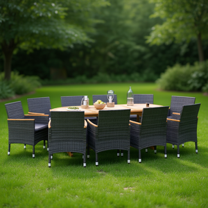 Ensemble de salle à manger de jardin en rotin gris foncé 8 places, mobilier d'extérieur en teck avec structure en aluminium, design contemporain - Product Image 2