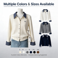 Cardigan en tricot torsadé 100 % coton anti-plis personnalisé pour femme, col chemise rayé contrastant, style preppy universitaire, OEM ODM