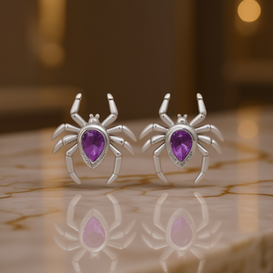 Pendientes de tuerca Prayle con diseño de araña, oro blanco, amatista, corte de pera, engaste de bisel, joyería de moda para mujer - Product Image 2
