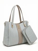 Set Tas Tote 2-in-1 Wanita Custom Logo Grosir - Tas Tangan Kulit PU Gelap dengan Tali Kontras Beige & Kantong Resleting Senada