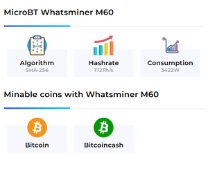 최저 전력 소비 MicroBT Whatsminer M60 170Th/s 비트 코인 ASIC 광부 비트 코인 광산 기계 3422w - Product Image 2