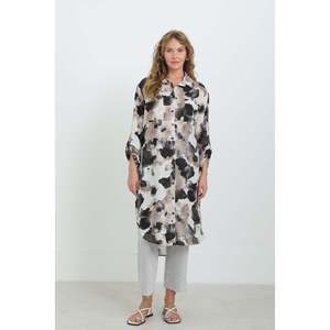 Puane Women's Black Patterned Oversize Button-<b>Down</b> Tunic Shirt with Slit Hem and Abstract Design for Casual Wear - Product Image 4