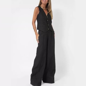 Conjunto de <span class=keywords><strong>chaleco</strong></span> de <span class=keywords><strong>lino</strong></span> y pantalones de pierna ancha para <span class=keywords><strong>mujer</strong></span>-Traje de viaje retro informal con múltiples colores - Product Image 5