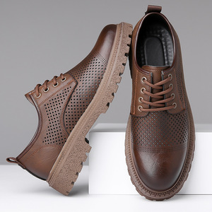 Chaussures d'été pour hommes en cuir de vachette marron, ajourées, à lacets, basses, décontractées, pour le travail, origine Wenzhou - Product Image 3