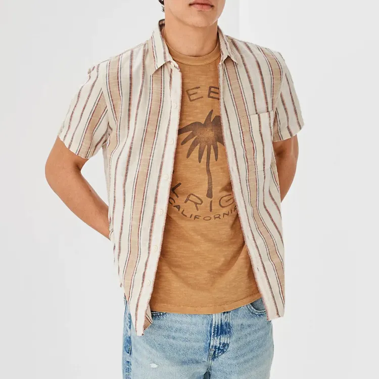 high quality casual vertical stripe short sleeve button down linen men's shirts
