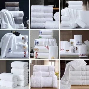 Hotel Supplies Towels 5 Star Hotel Towels White Custom Logo Bathroom Linen 100% Cotton Face Hand Bath Hotel Towel Set