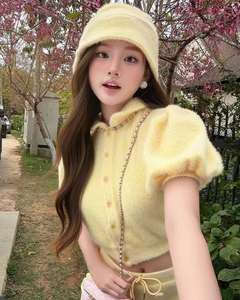 Ensemble deux pièces en tricot jaune pastel pour femmes, col Peter Pan, robe courte à volants, style doux, tenue printemps-été - Product Image 5