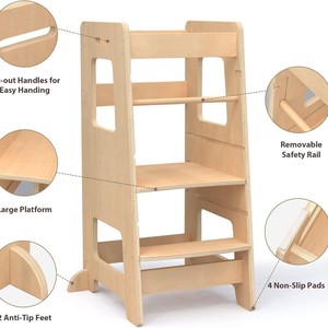 Solid Wood Baby Stool With Handrails Three Tier <b>Step</b> Stool For <b>Kitchen</b> Child Support Chair - Product Image 3