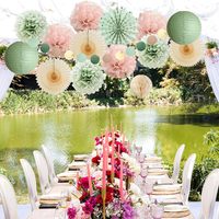 Décorations de fête vert sauge et rose blush, lanternes en papier, éventails en papier, pompons en papier de soie rose clair pour anniversaire, baby shower