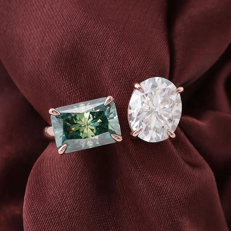 Provence cincin batu ganda Moissanite Toi et moi, cincin perhiasan emas mawar 14K cincin Oval dan berlian Moissanite potongan bercahaya