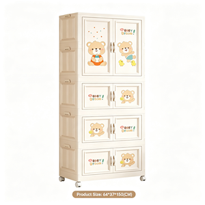 Armadio Pieghevole in Plastica a 4 Ripiani <span class=keywords><strong>con</strong></span> Ruote, Organizzatore per Bambini <span class=keywords><strong>con</strong></span> Disegni Cartoon, per Soggiorno, Angolo Gioco, Vestiti, Cameretta - Product Image 1