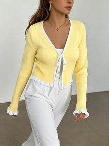 <span class=keywords><strong>Cardigan</strong></span> <span class=keywords><strong>Giallo</strong></span> Popolare con Laccetti Frontali, Stile Vintage, Antirughe, per Autunno, Feste e Occasioni Casual, con Bordo a Balze, Morbido e Caldo, in Maglia - Product Image 6