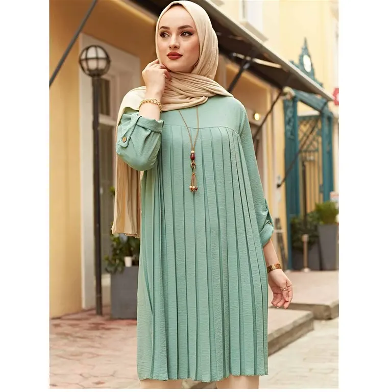 Woman Pleated Tunic Long Sleeve Muslim Tops Women Abaya Dubai Vintage Blouse Plaid Plus Size 5XL Spring Shirt Islamic Clothing