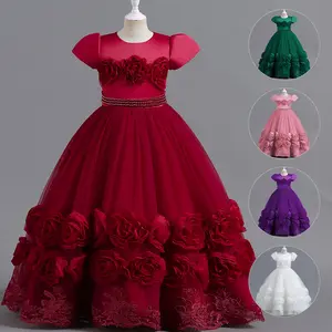MQATZ custom big red 3 D flower girl princess long dress short sleeve puffy birthday party wear LS8045