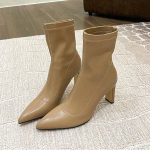 Chaussures pour femmes, bottes en cuir à talons hauts sexy et tendance, bottes à la cheville élastiques, chaussures confortables - Product Image 1