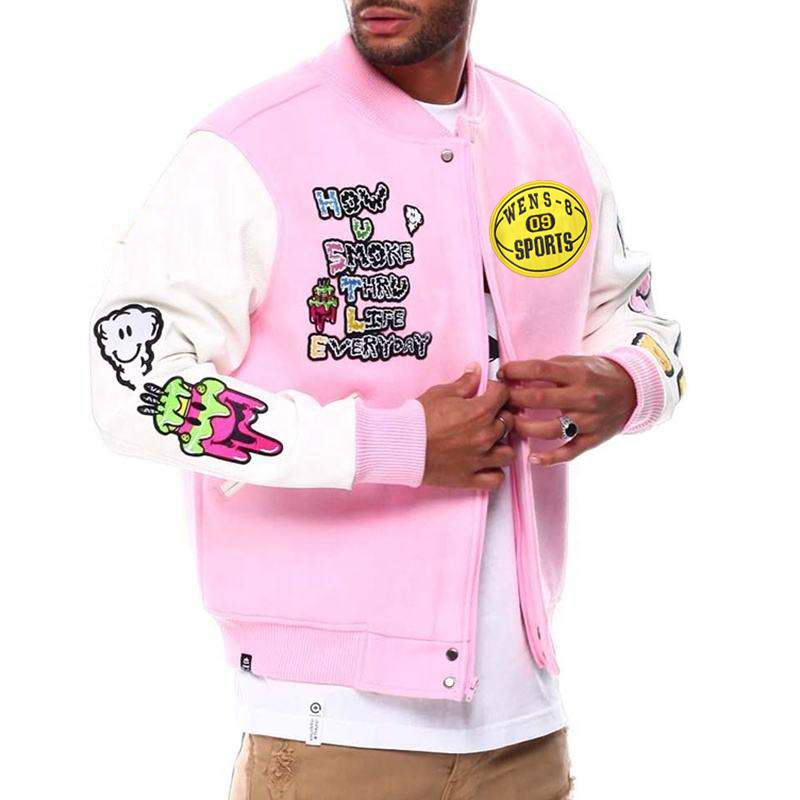 Personalizado Rosa Carta Apliques Bordado Parches Logo Cuero Béisbol Bomber Chaquetas Personalizadas Hombres Letterman Varsity Chaquetas