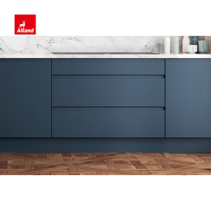 Allandcabinet Armoire de cuisine laquée bleu marine 45 degrés biseau tirer <span class=keywords><strong>menuiserie</strong></span> moderne avec lumière LED avec cascade de marbre île - Product Image 3