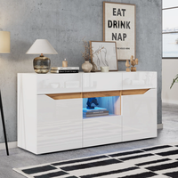 Buffet de salon blanc et bois avec 4 tiroirs et éclairage LED, design élégant, armoire élégante