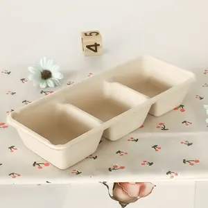 Biodegradable Tableware Paper Pulp Container Sugarcane Bagasse Japanese Sushi 3 Compartment Takeaway Dipping Sauce Box