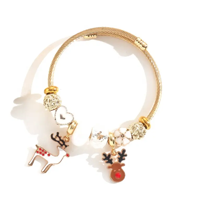 Hot Sale vergoldet Edelstahl Santa Claus Charm Armband große Loch Perlen Schneeflocke Bell Anhänger Armband Mädchen für Mädchen