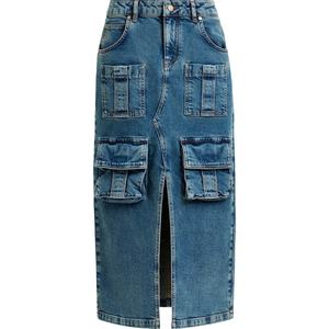Jupe longue en jean cargo taille haute pour femme avec fentes avant et poches à soufflets, personnalisable avec marque privée – Collection été très prisée - Product Image 6