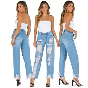 Celana Panjang Denim Wanita Desain Mode Grosir Baru Celana Jeans Wanita Sobek Biru Longgar Jins Pinggang Tinggi Pacar Ibu