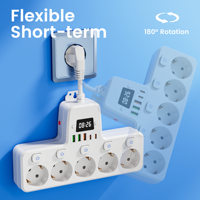Multiprise avec 5 prises Schuko, 3 ports USB-A, 2 ports Type C, horloge, protection contre les surcharges, cordon d'alimentation 16AWG 5cm pour la maison et le bureau