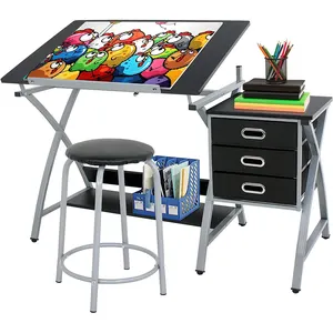 Modern Adjustable Tabletop Tilted Drawing Table Drafting Art Desk Set with Slide Drawers