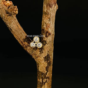 14K Solid Gold Three Stone Genuine Bezel Set Natural Diamond 14K Gold <b>Earring</b> Fine Jewelry. - Product Image 3