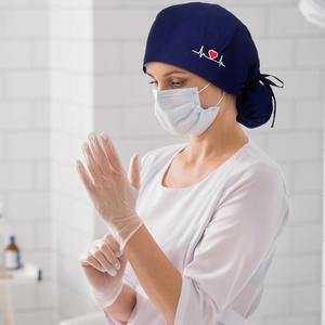 หมวกผ่าตัดผ้าโพกหัวหางม้าผ้าฝ้ายโพลีเอสเตอร์ปรับได้นุ่มมีกระดุมหลากสีสำหรับใส่ในสถานเสริมความงามและสวมใส่ในชีวิตประจำวัน - Product Image 6